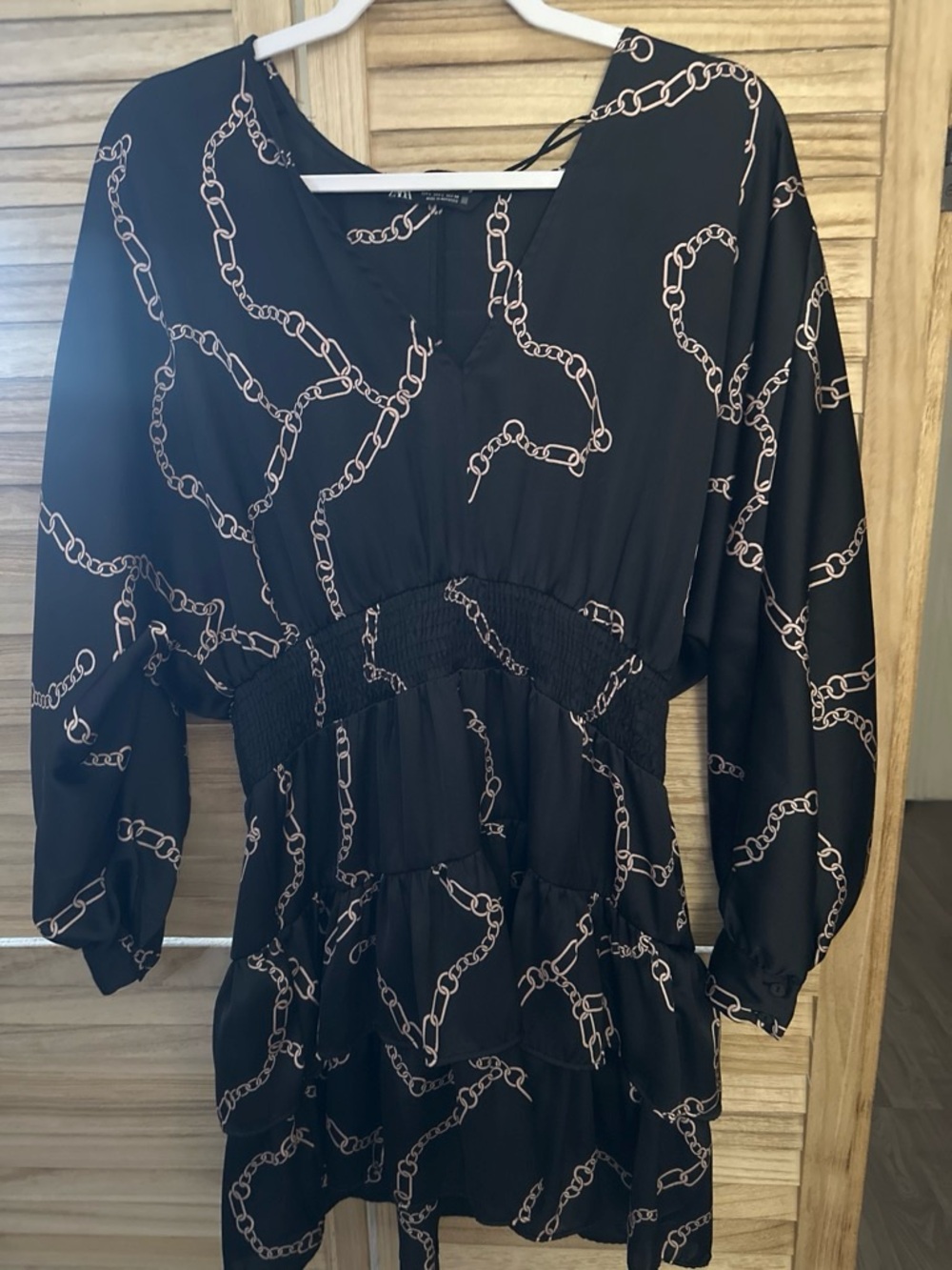 Zara Black Dress with Gold Chain Print, Long Sleeve